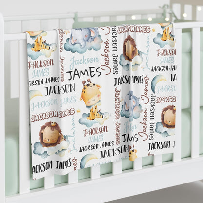 Personalized Baby Blanket for Boys, Custom Baby Blanket with Name, Safari Animal Blanket Name Baby Blanket, Safari Animal Swaddle Blanket for Toddlers Kids Newborn