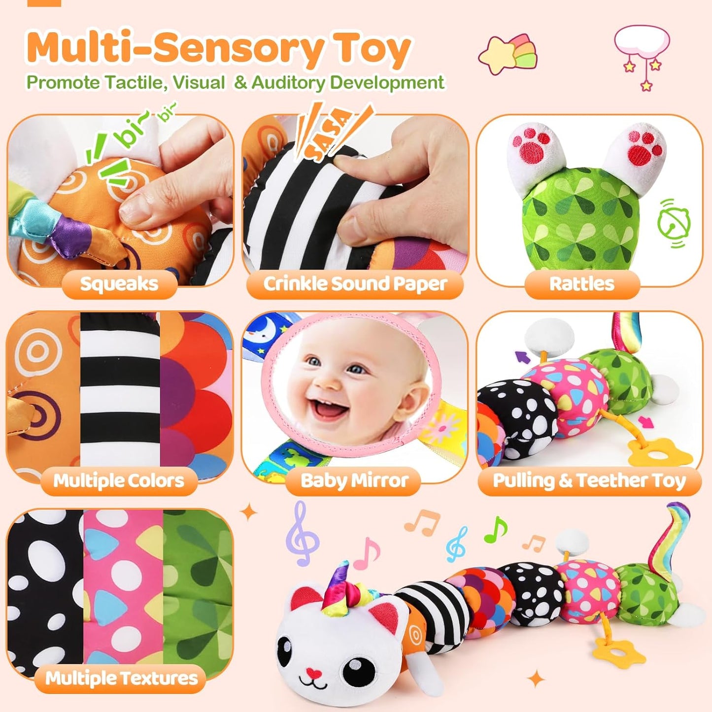 Baby Toys 0-6 6-12 Months, Sensory Musical Animal Stuffed Toy for Infant 0-3 3-6 Months, Tummy Time Toys with Mirror Crinkle Rattle, Plush Unicorn Cat Toy Gifts for 0 1 2 3 4 5 6+ Months Boys Girls