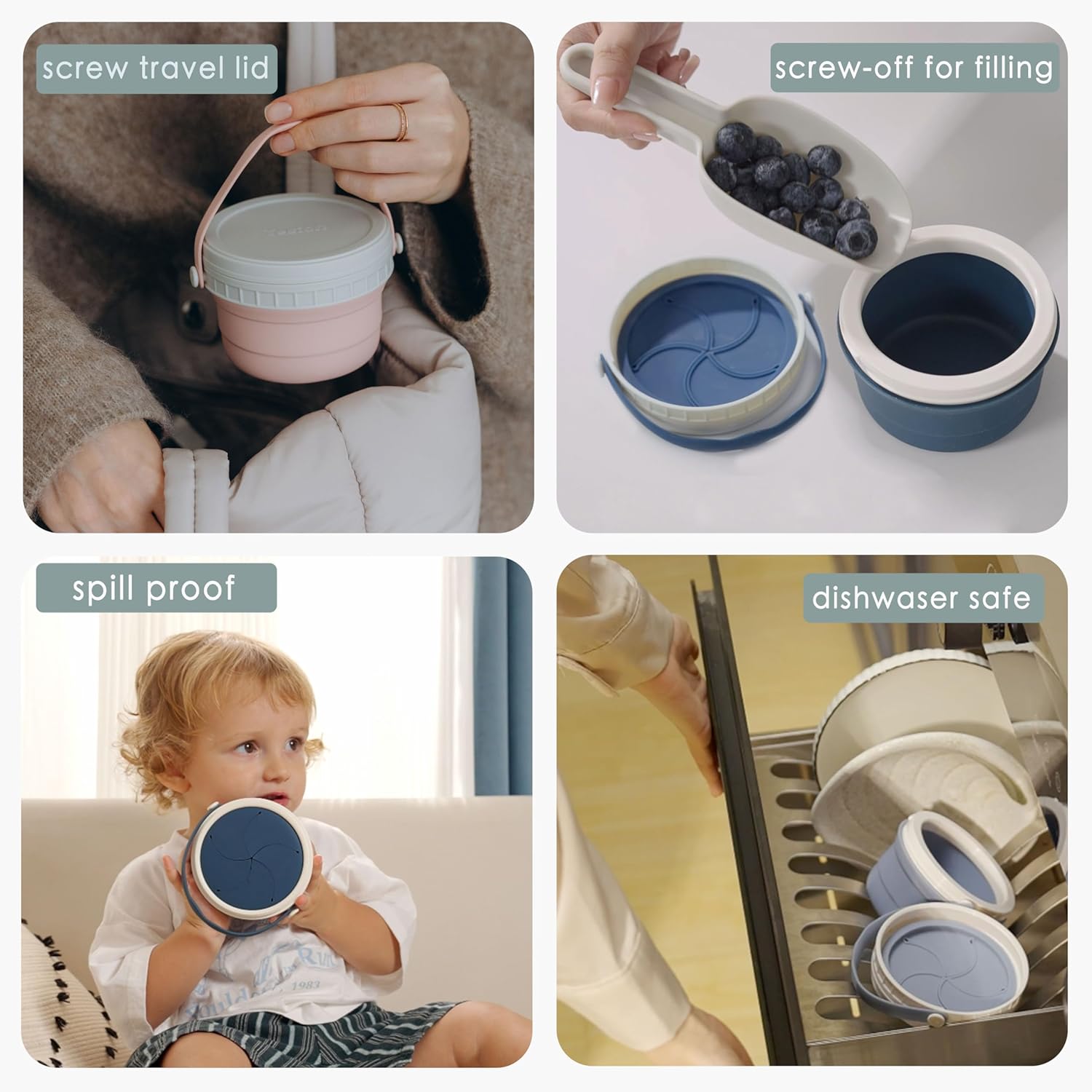 No Spill Silicone Toddler Snack Containers, Detachable Silicone Flap for Filling&Cleaning