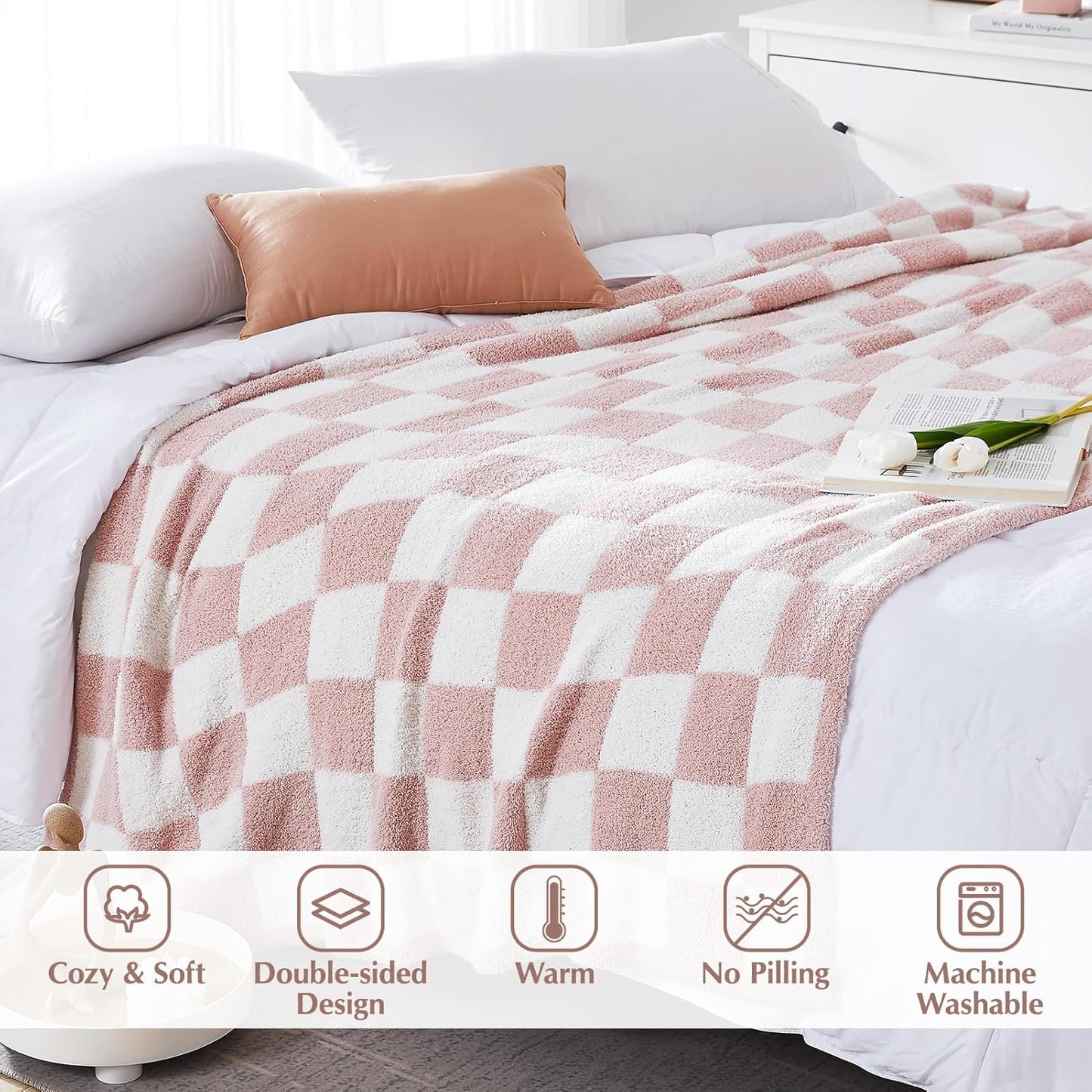 WRENSONGE Checkered Throw Blanket, Pink Soft Cozy Fluffy Warm Hand Made Weave Throw Blankets for