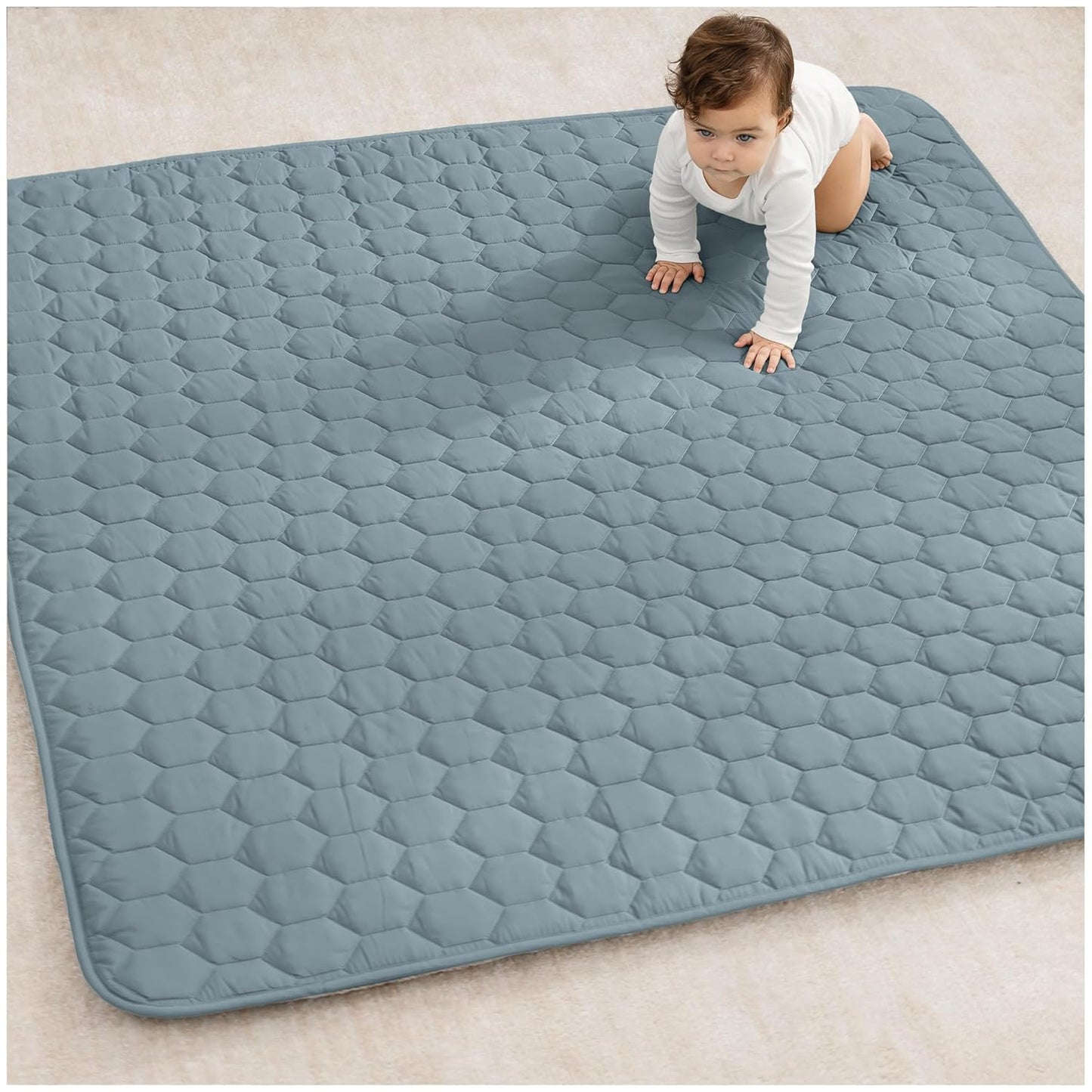 Comfy Cubs Square Kids Play Mat - 56 x 56 inches Soft Quilted Baby Floor Mat with Non-Slip Bottom - Plush Design for Toddlers' Playtime and Relaxation - Comfortable and Durable - Pacific Blue