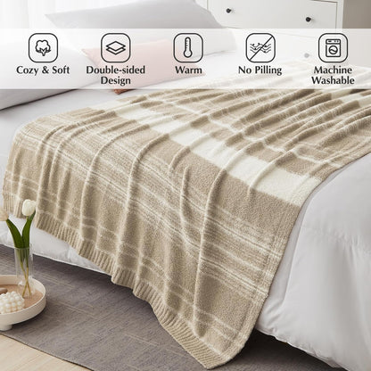 WRENGONGE Khaki Throw Blanket, 50x70 Soft Cozy Striped Throw Blankets for Couch, Sofa, Bed, Travel