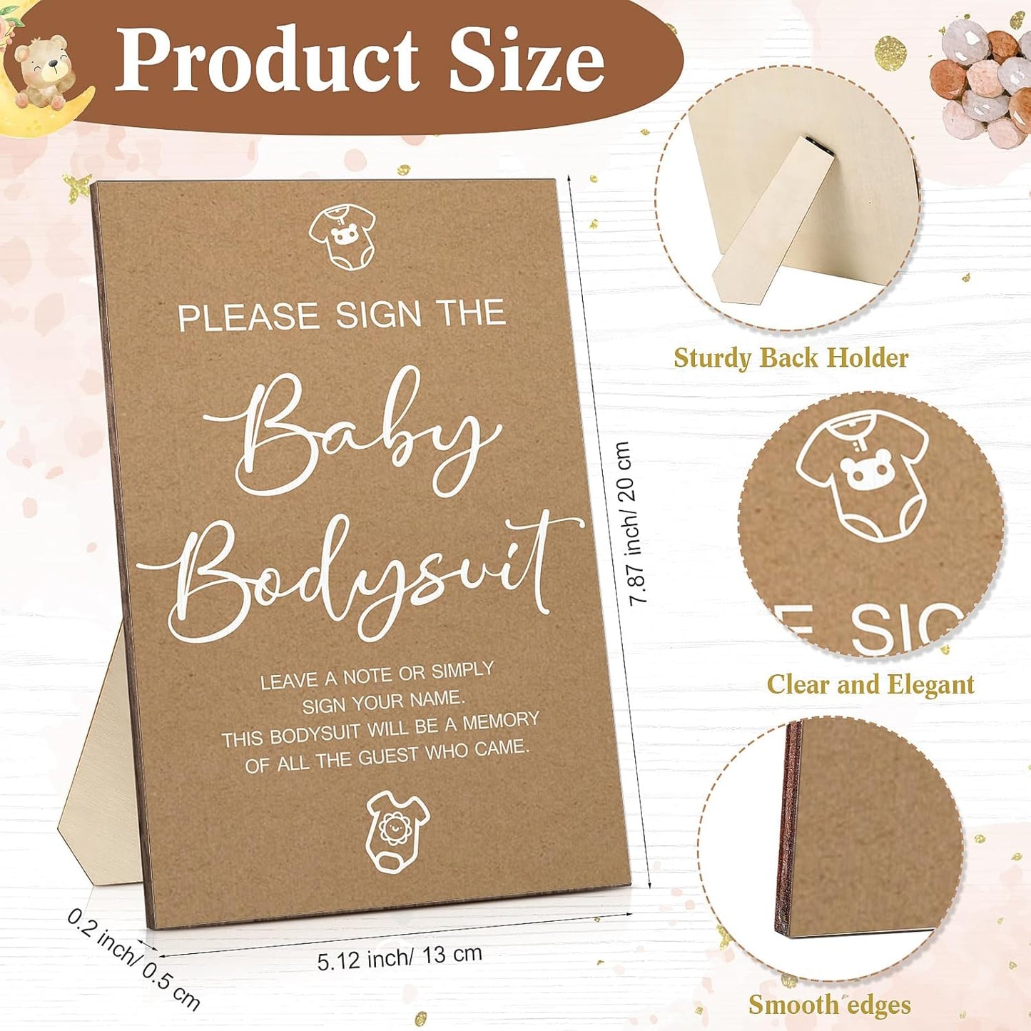 Qunclay 12 Pcs Baby Bodysuit Baby Shower Game Include 1 Game Wooden Sign Tabletop Decor 1 White Blank Newborn Bodysuit 10 Fabric Marker for Gender Reveal Party(Kraft)