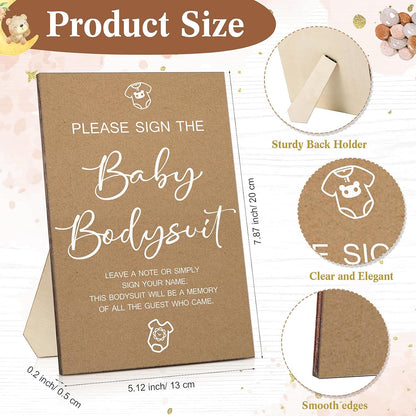 Qunclay 12 Pcs Baby Bodysuit Baby Shower Game Include 1 Game Wooden Sign Tabletop Decor 1 White Blank Newborn Bodysuit 10 Fabric Marker for Gender Reveal Party(Kraft)