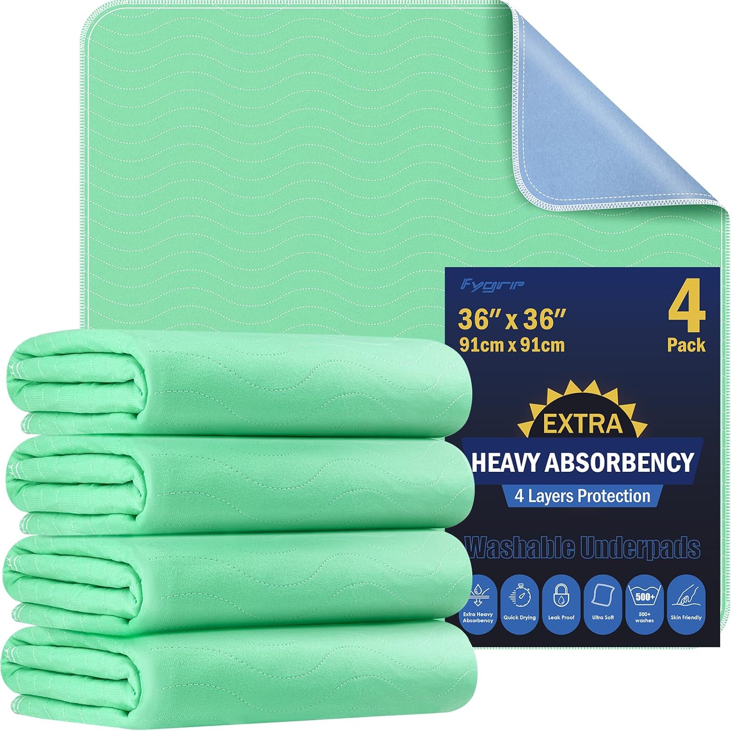 4 Pack 36” x 36” Extra Heavy Absorbency Washable Underpads, Waterproof Quick Drying Nursing Pads