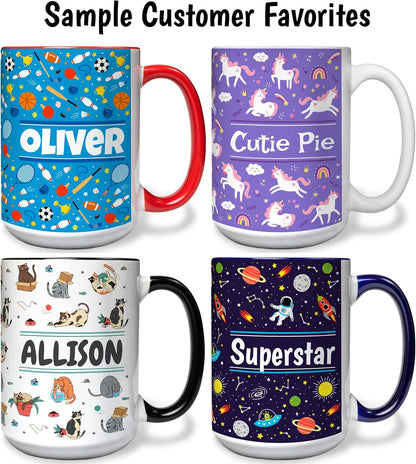 Personalized Mug for Kids - Butterflies - Custom Name/Text, Ceramic Hot Chocolate/Cocoa/Coffee Cup for Girls, Birthday/Christmas/Holiday Gift - 15 oz, Navy Blue Handle