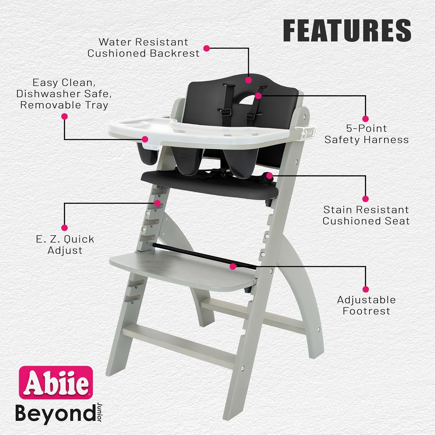 Abiie Beyond Junior Wooden High Chair with Tray - Adjustable and Convertible High Chair for Babies