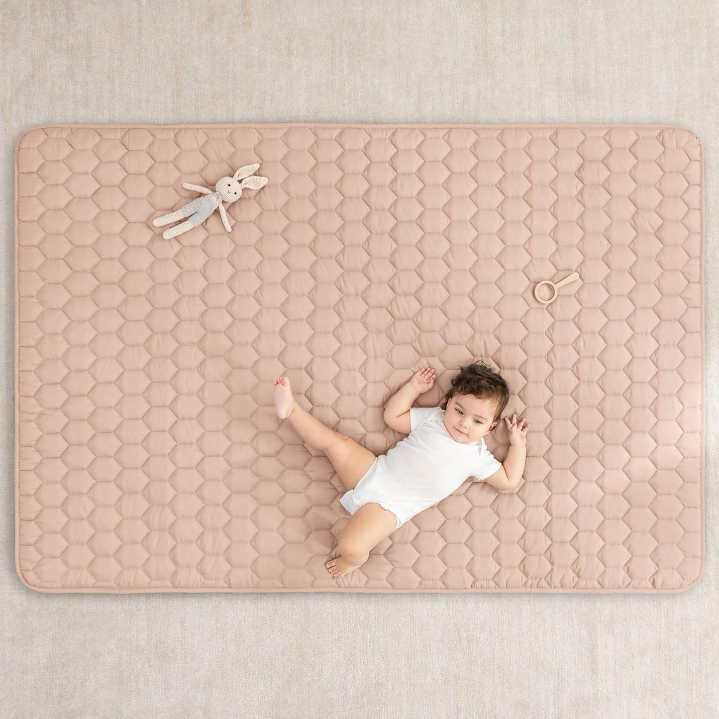 Comfy Cubs Rectangle Kids Play Mat - Medium 48 x 72 inches Soft Quilted Baby Floor Mat with Non-Slip Bottom - Plush Design for Toddlers Playtime and Relaxation - Comfortable and Durable - Blush