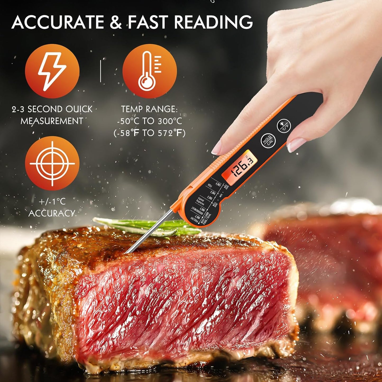 Meat Thermometer Digital with Backlight, Calibration & Hold Function, IP65 Waterproof Food