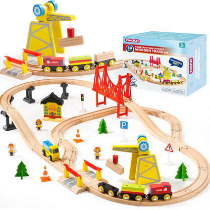 60PCS Wooden Train Set - Toy Magnetic Trains with Wooden Track Set for Kids Ages 3-8, Construction