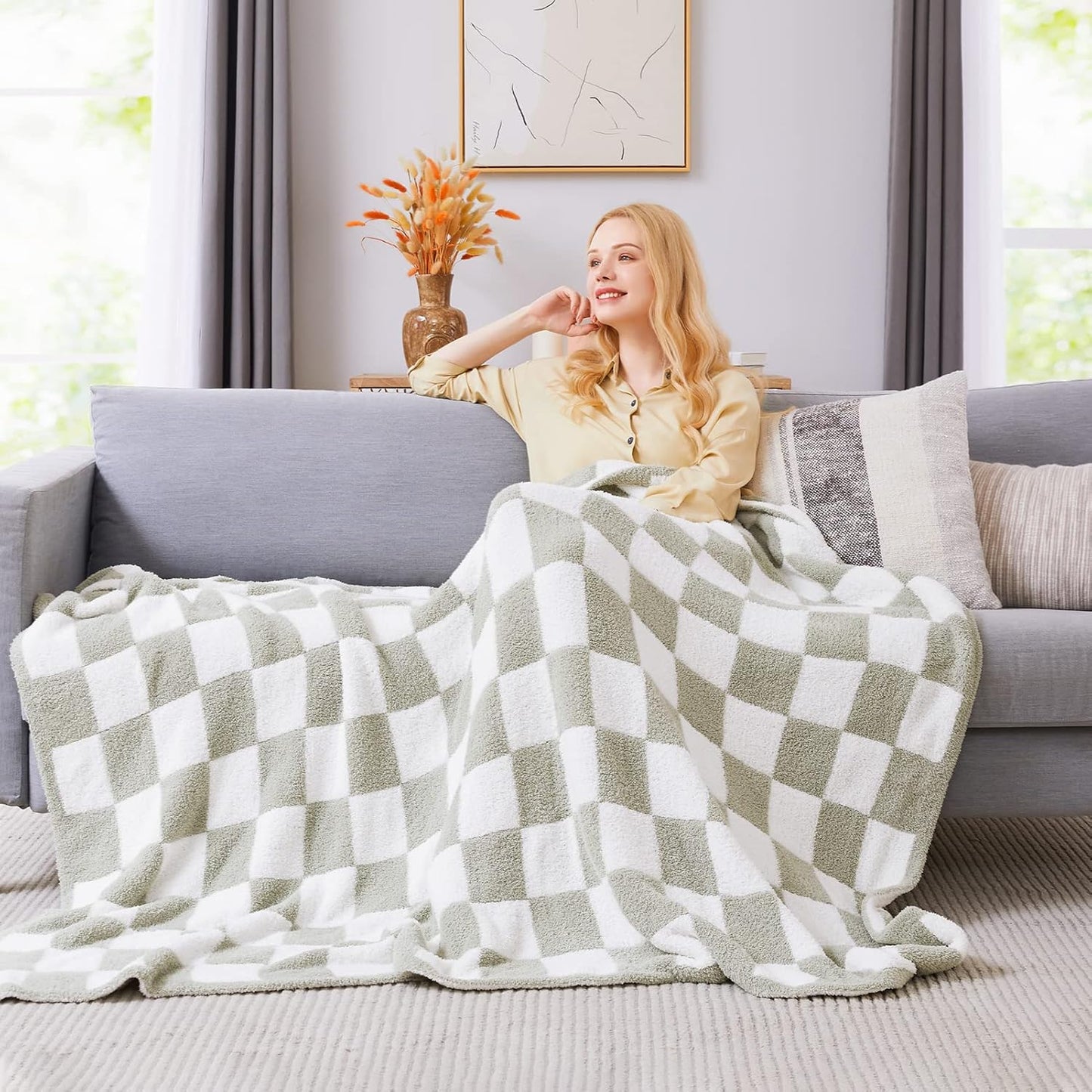 WRENSONGE Checkered Throw Blanket, Sage Green Soft Cozy Fluffy Hand Made Throw Blankets for Couch