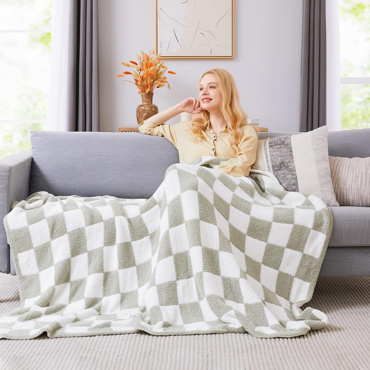 WRENSONGE Checkered Throw Blanket, Sage Green Soft Cozy Fluffy Hand Made Throw Blankets for Couch