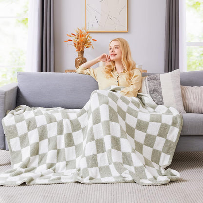 WRENSONGE Checkered Throw Blanket, Sage Green Soft Cozy Fluffy Hand Made Throw Blankets for Couch