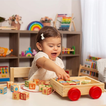 Building Blocks for Toddlers 1-3 Years Old, 30 Large Stackable Wooden Baby Blocks with Alphabet and Number Icons on Every Side, Toy Wagon Included﻿