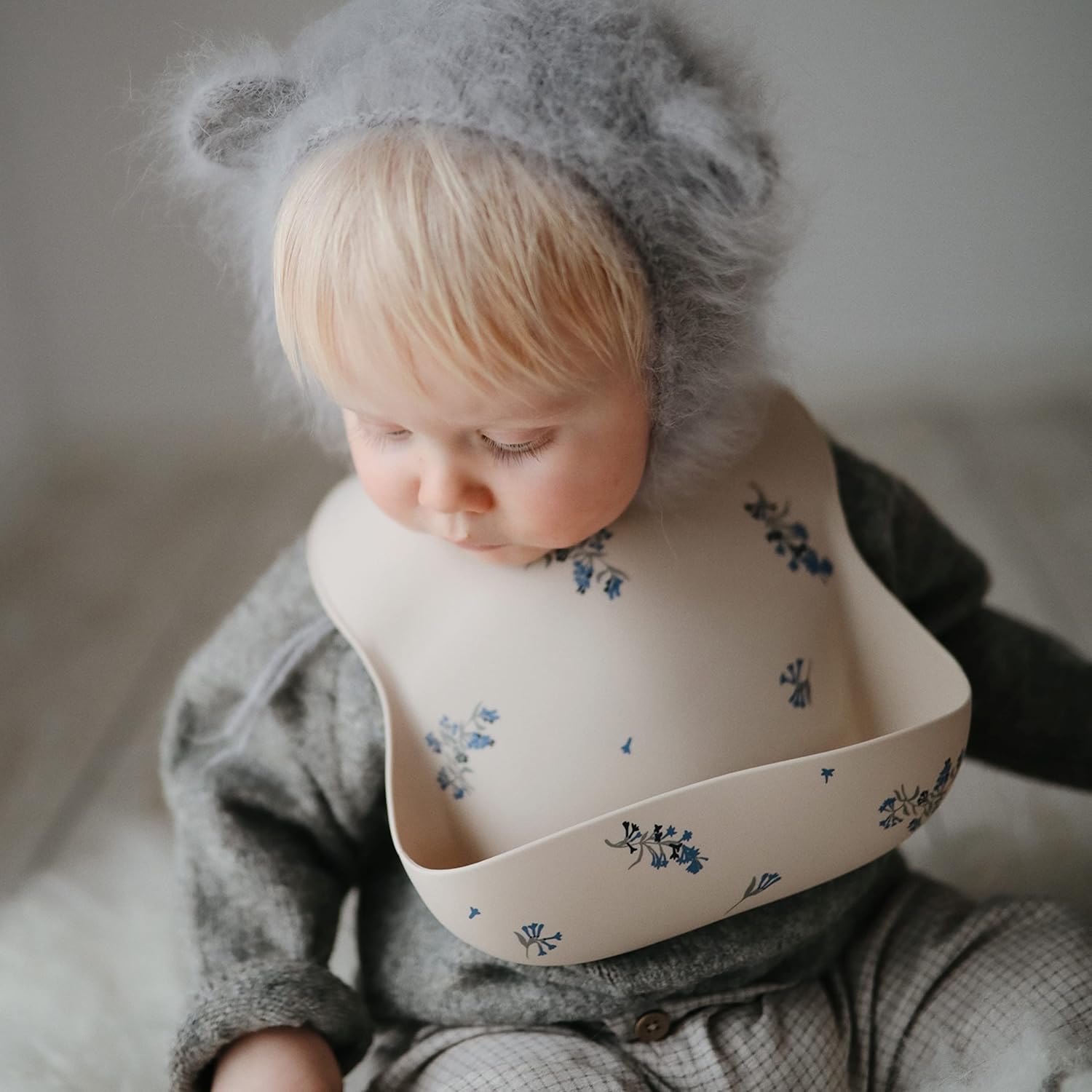 mushie Silicone Baby Bib | Adjustable Fit Waterproof Bibs (Lilac Flowers)