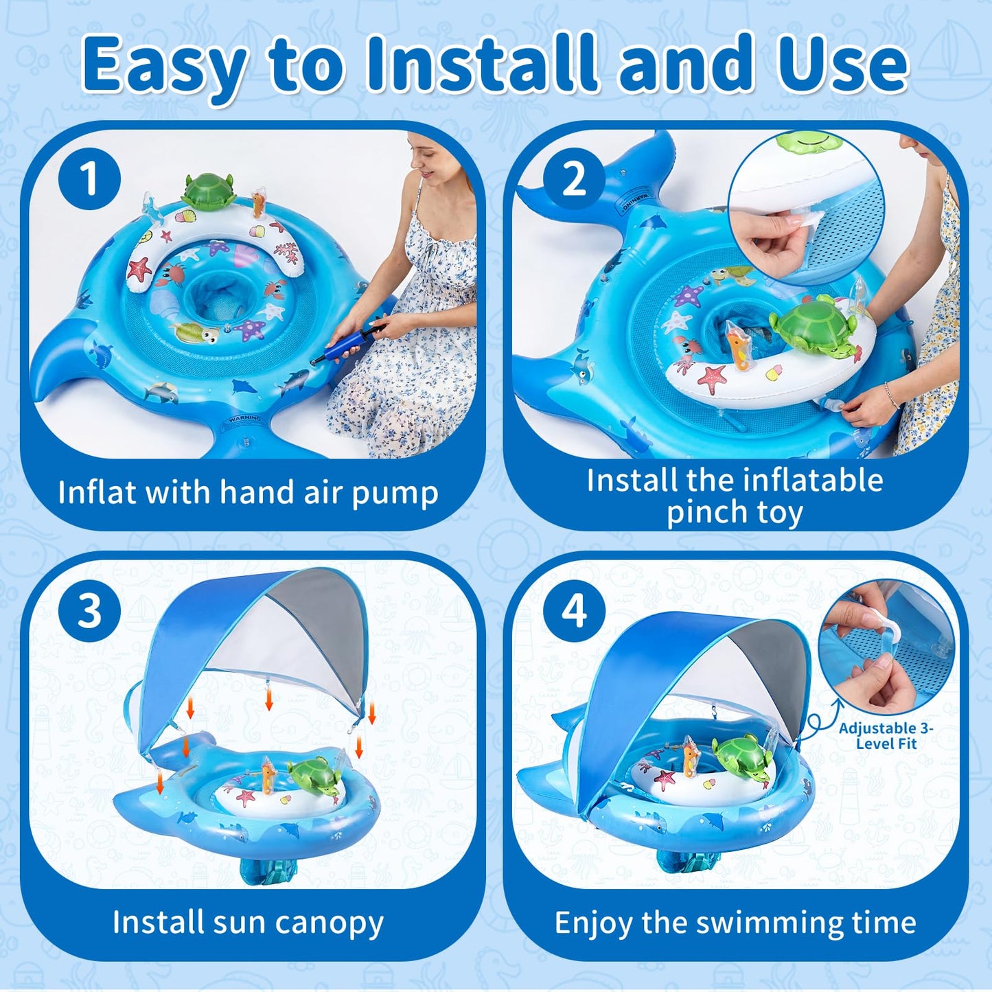 Inflatable Baby Pool Float with Sun Canopy, UPF50 Sun Protection, Portable & Easy to Store, Padded