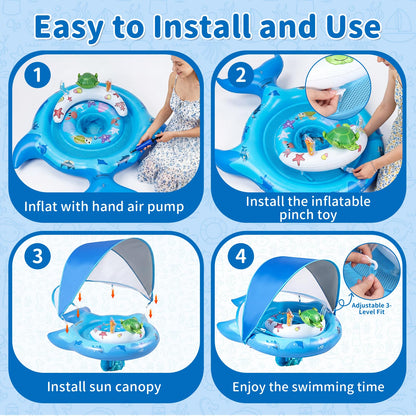 Inflatable Baby Pool Float with Sun Canopy, UPF50 Sun Protection, Portable & Easy to Store, Padded