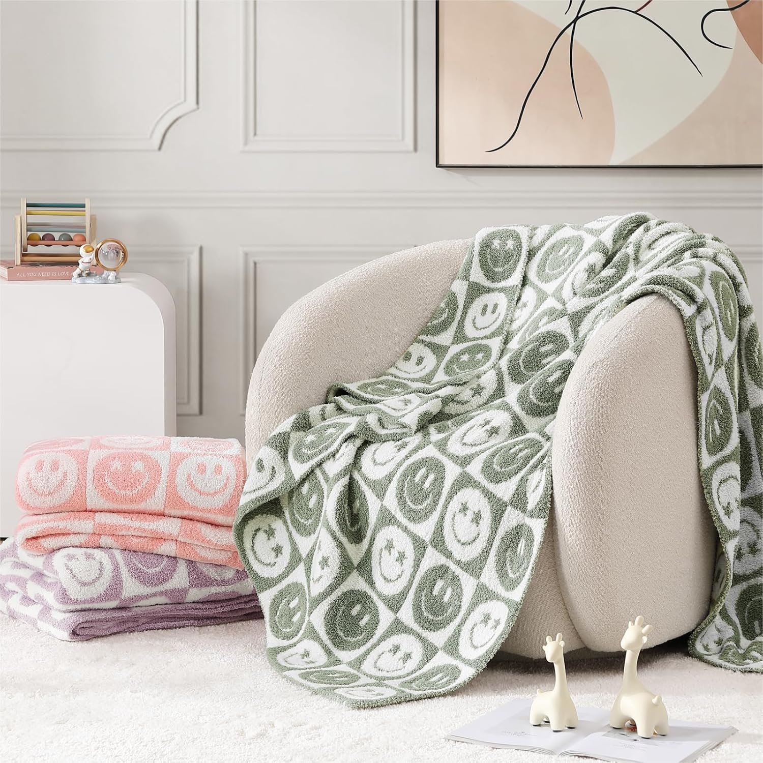 WRENSONGE Checkered Throw Blanket Seagrass Smiling Face Soft Cozy Fluffy Warm Hand Made Throw