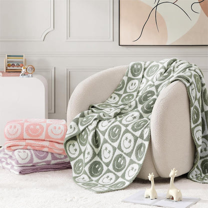 WRENSONGE Checkered Throw Blanket Seagrass Smiling Face Soft Cozy Fluffy Warm Hand Made Throw