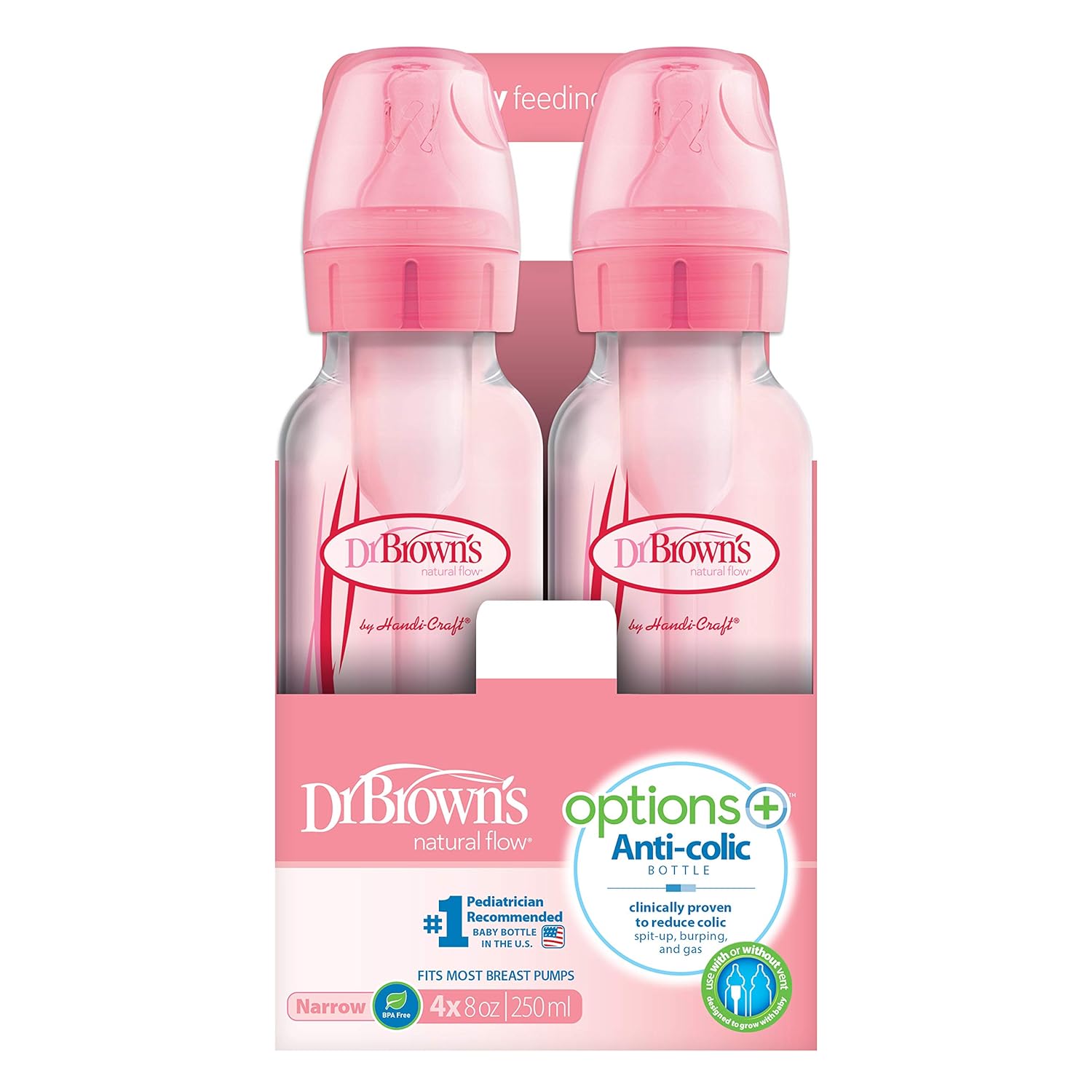 Dr. Brown’s Natural Flow® Anti-Colic Options+™ Narrow Baby Bottles, 8 oz/250ml, with Level 1 Slow