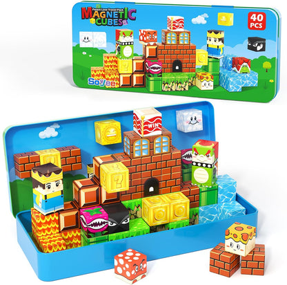 Magnetic Blocks Travel Toys with Portable Metal Tin - STEM Magnet Building Blocks Toddler Kids Toys for 3 4 5 6 7 8 Year Old Boys & Girls Xmas Birthday Gifts Classroom Must Haves Decor