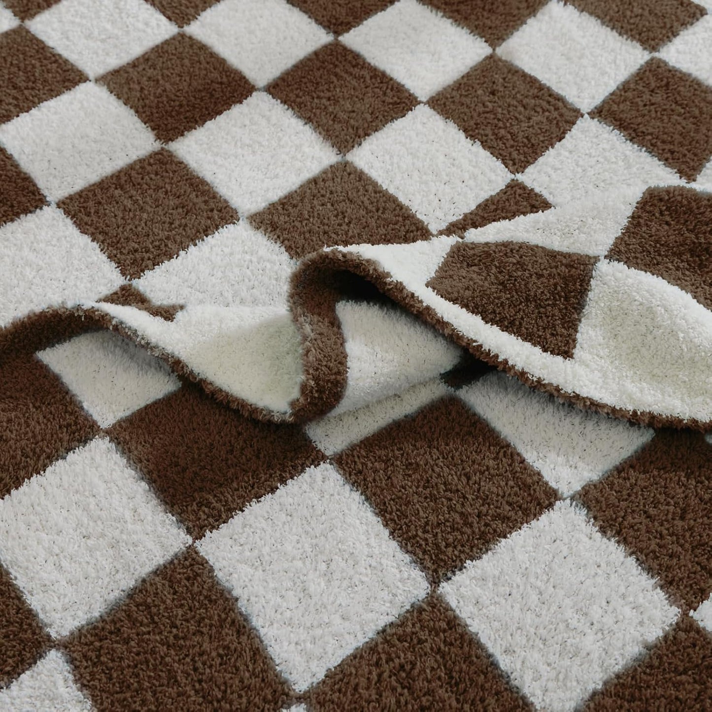 WRENSONGE Checkered Throw Blanket, Coffee Soft Cozy Fluffy Warm Hand Made Throw Blankets for Couch