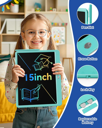 Bravokids 15 Inch LCD Writing Tablet for 3 Year Olds - Electronic Drawing Pad and Doodle Board as Educational Birthday Gifts for Girls and Boys (Blue)