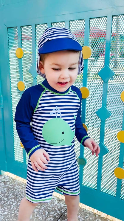 uideazone Baby Boys One Piece Swimsuit Long Sleeve UPF 50+ Rash Guard Bathing Suit Swimwear with Sun Hat 0-24 Months
