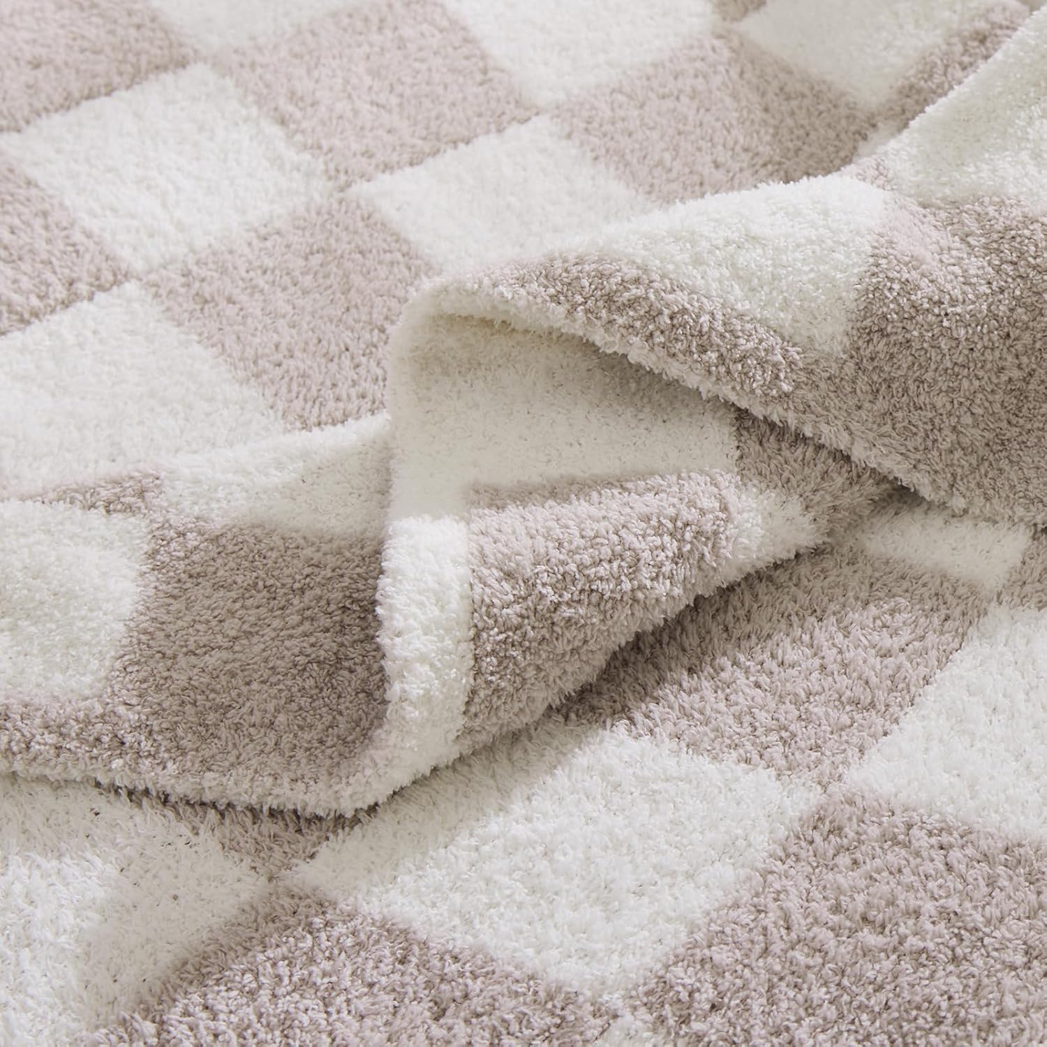 WRENSONGE Checkered Throw Blanket, Taupe Soft Cozy Fluffy Warm Hand Made Throw Blankets for Couch
