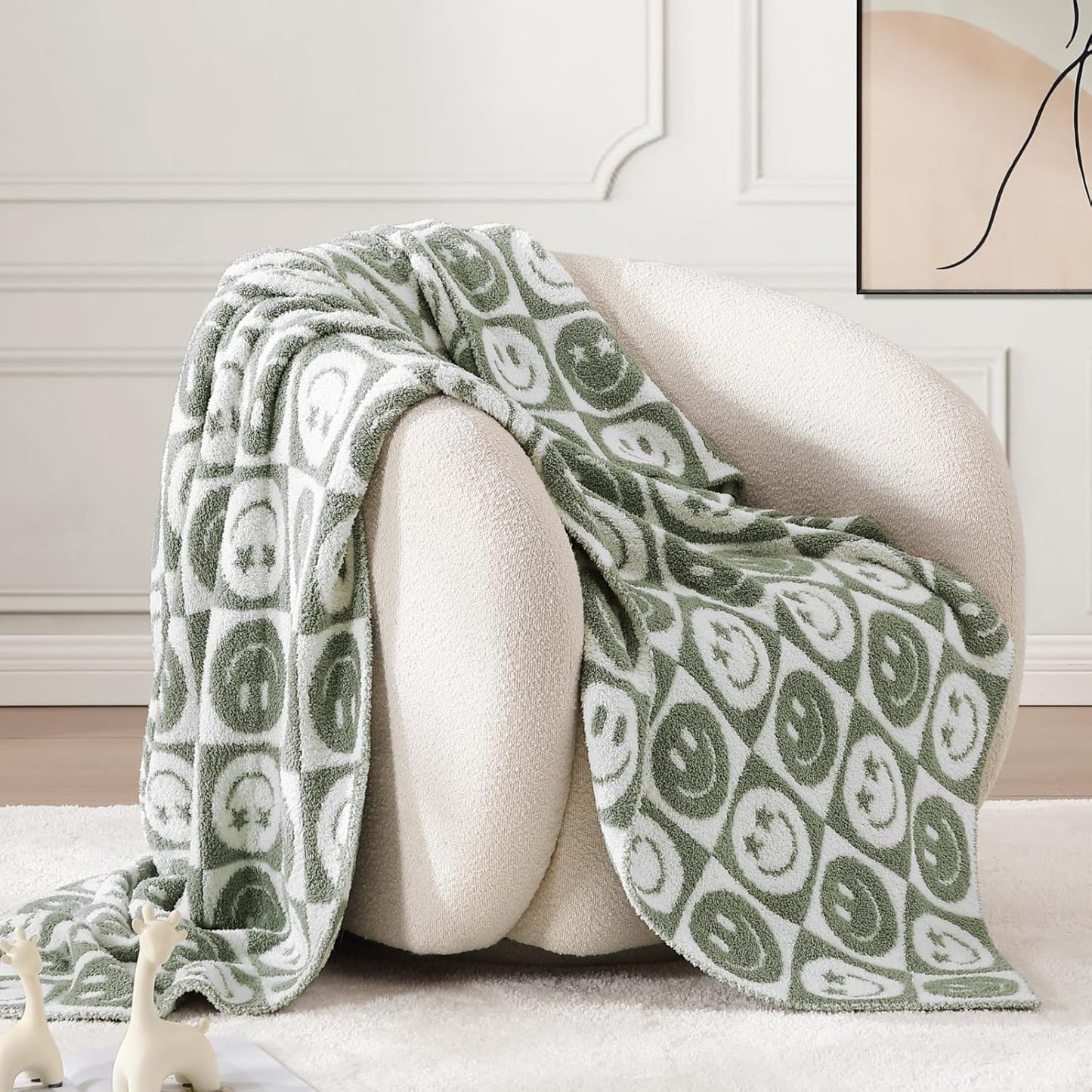 WRENSONGE Checkered Throw Blanket Seagrass Smiling Face Soft Cozy Fluffy Warm Hand Made Throw