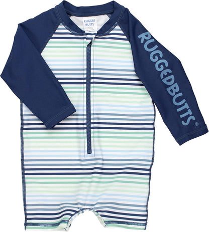 RUGGEDBUTTS Baby/Toddler Boy Swimsuit, One Piece Zipper Rash Guard Sunsuit with UPF 50+ Sun Protection