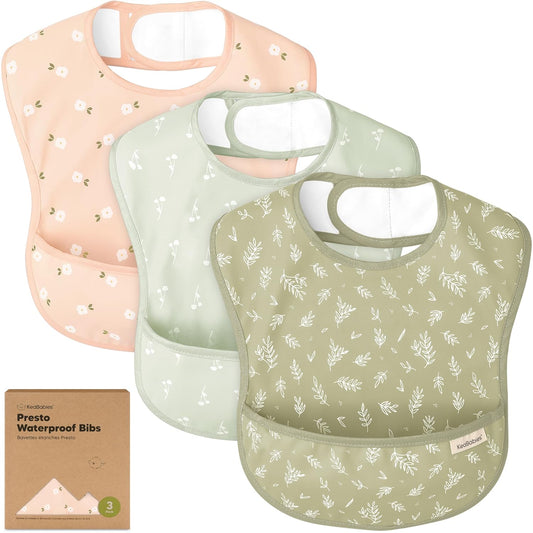 3-Pack Waterproof Baby Bibs for Eating - Lightweight Toddler Feeding Bibs with Large Food Catcher, Mess Proof, Food-Grade Baby Eating Essentials, Easy to Put On & Clean (Bloom)