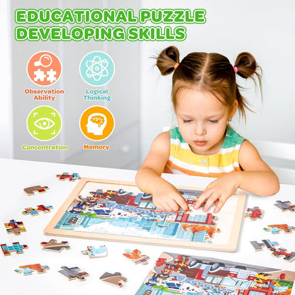 Wooden Puzzles for Kids Age 3 4 5 Year Old, 6 Pack 60 Pcs Toddler Jigsaw Puzzles for Girl Boy Animals Space Activities Preschool Learning Educational Birthday Gift Travel Autistic Wooden Toys