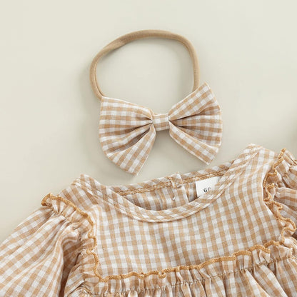 Douhoow Infant Baby Girl Plaid Romper Baby Sweatshirt Romper Ruffle Festival Clothes Fall Winter Outfits with Headband
