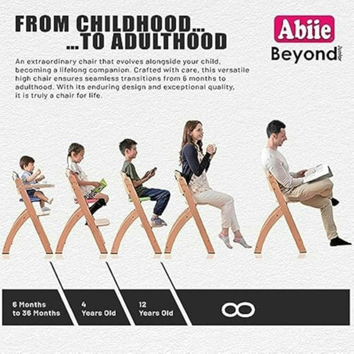 Abiie Beyond Junior Wooden High Chair with Tray - Adjustable and Convertible High Chair for Babies