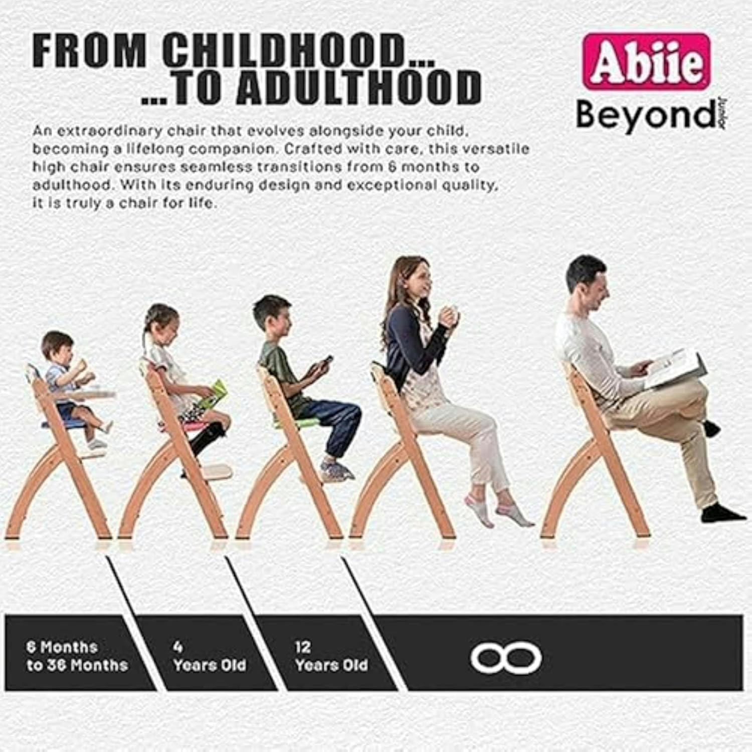 Abiie Beyond Junior Wooden High Chair with Tray - Adjustable and Convertible High Chair for Babies