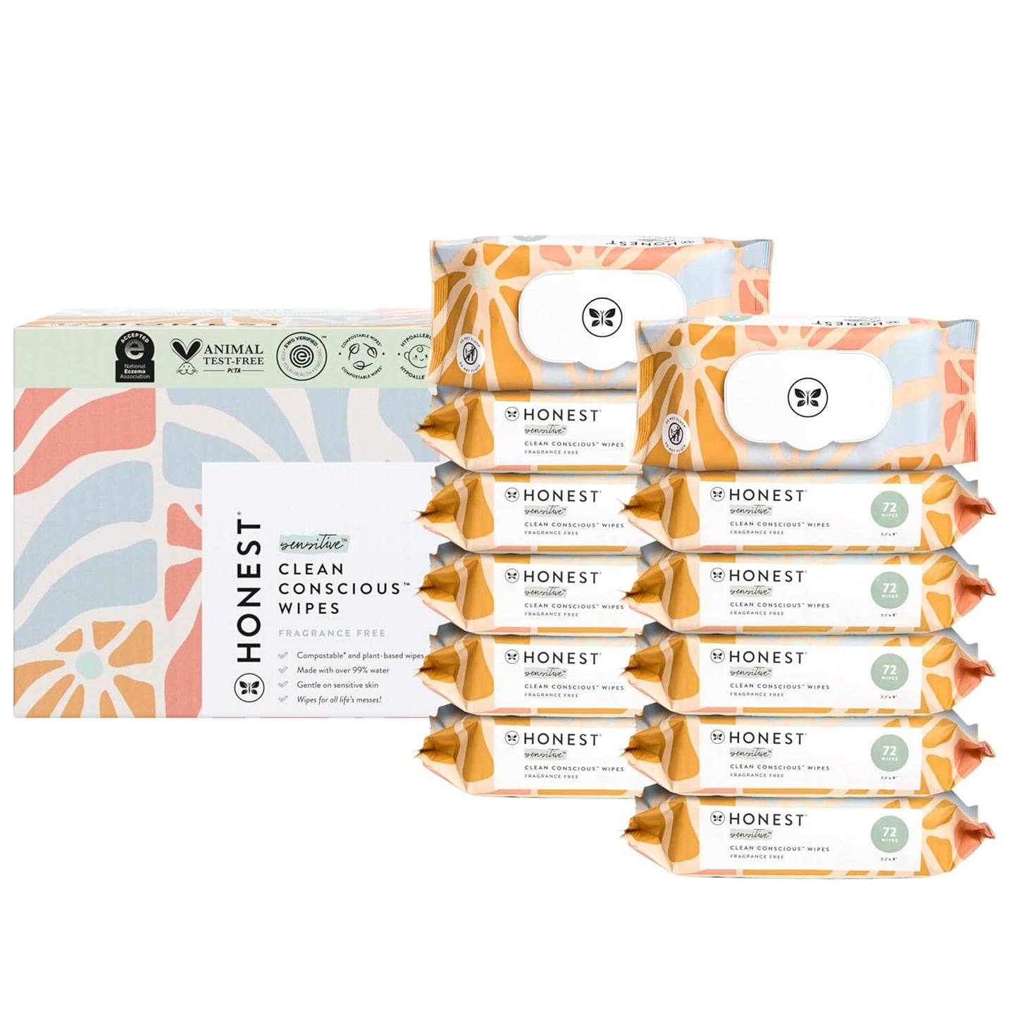 The Honest Company Clean Conscious Multi-Use Wipes | Hypoallergenic + Unscented for Sensitive Skin | Over 99% Water, Compostable, Plant Based, Baby Wipes | Sunburst, 864 Count