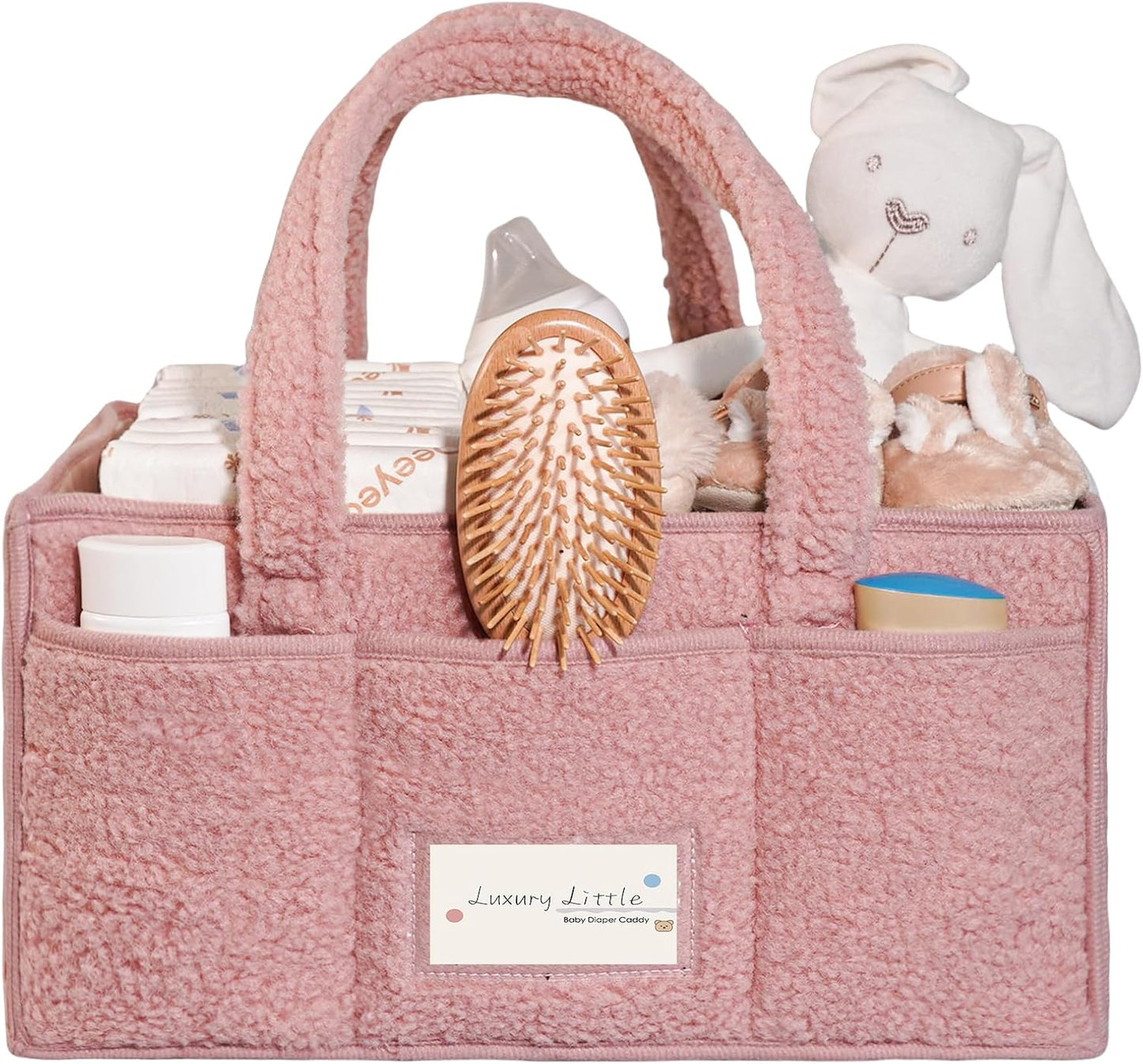 luxury little Diaper Caddy Organizer, Large Cotton Rope Nursery Baby Basket, Changing Table Organizer for Baby Diaper Storage, Portable Car Organizer with Removable Divider (Pink)