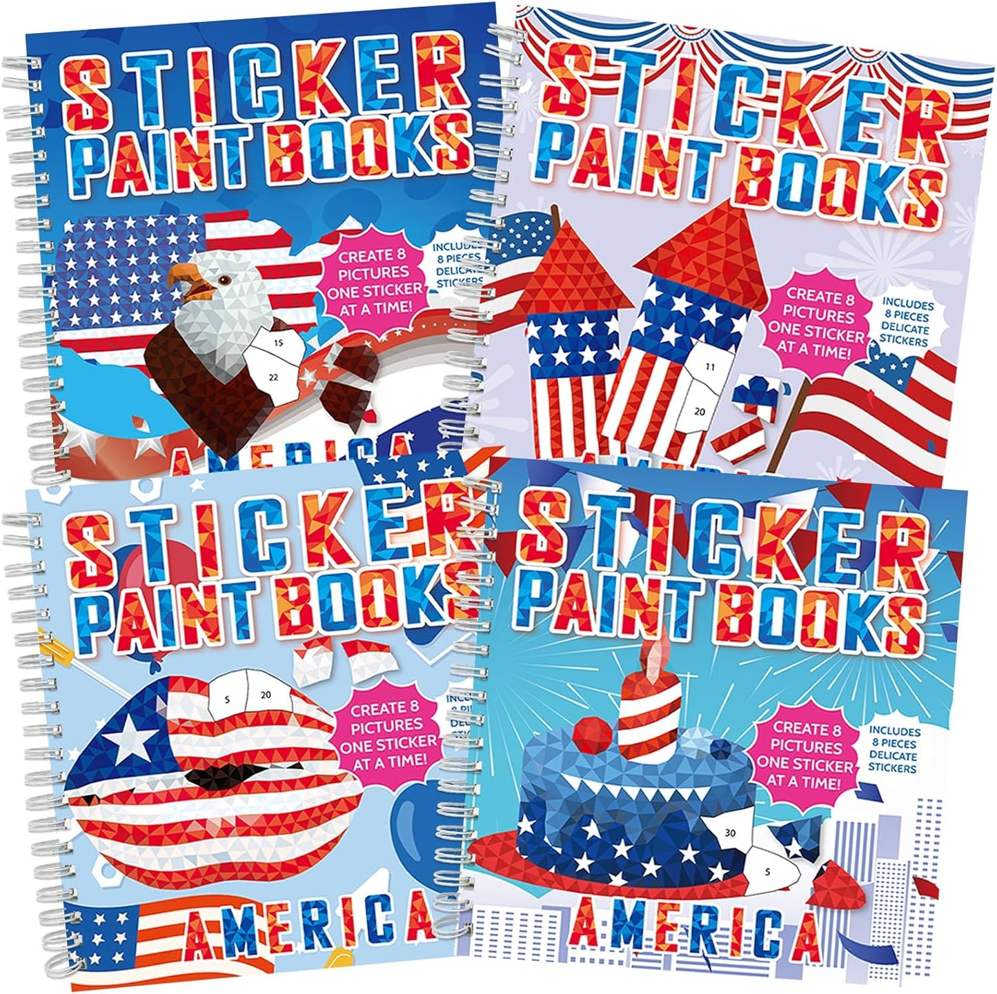 4Pcs Patriotic Paint by Sticker Books Sticker by Number Books Activity Book Puzzle Book Craft Art Gift Memorial Day 4th of July American Star 32 Pictures