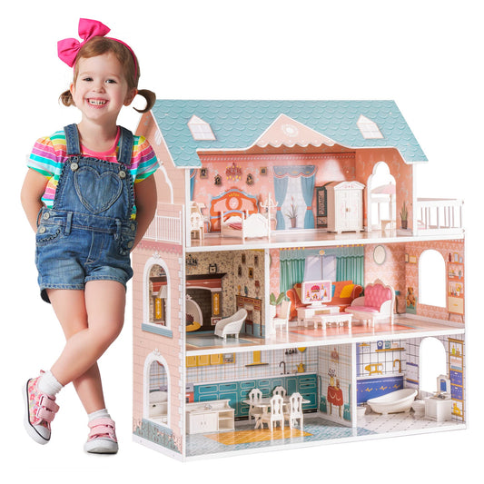ROBOTIME Doll House Wooden Dollhouse for Kids 3 4 5 6 Years Old, Doll House w/28PCS Furniture