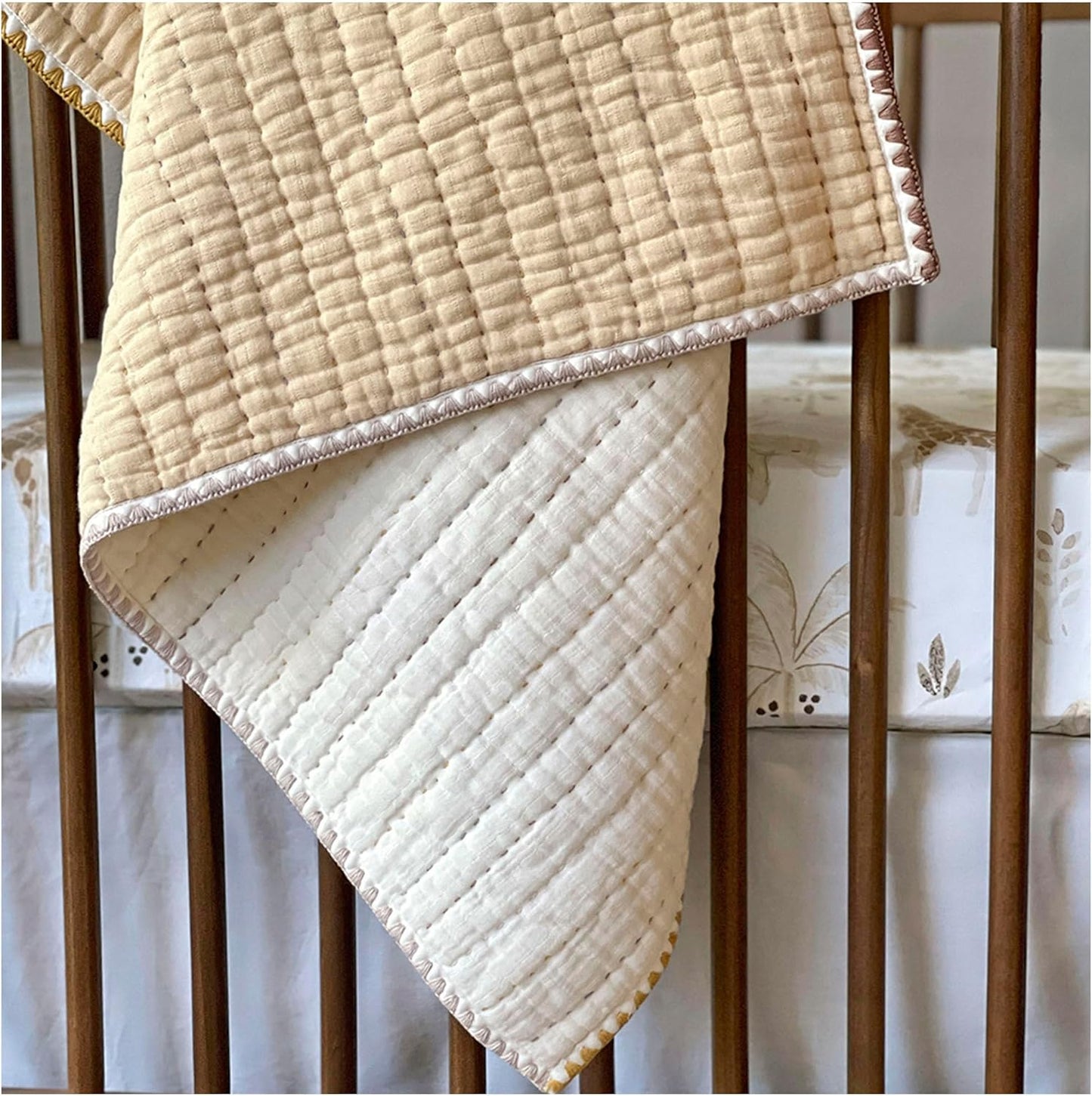 Crane Baby Blanket Quilted Cotton 36” X 36” Light Yellow Nursery Essential for Boys and Girls