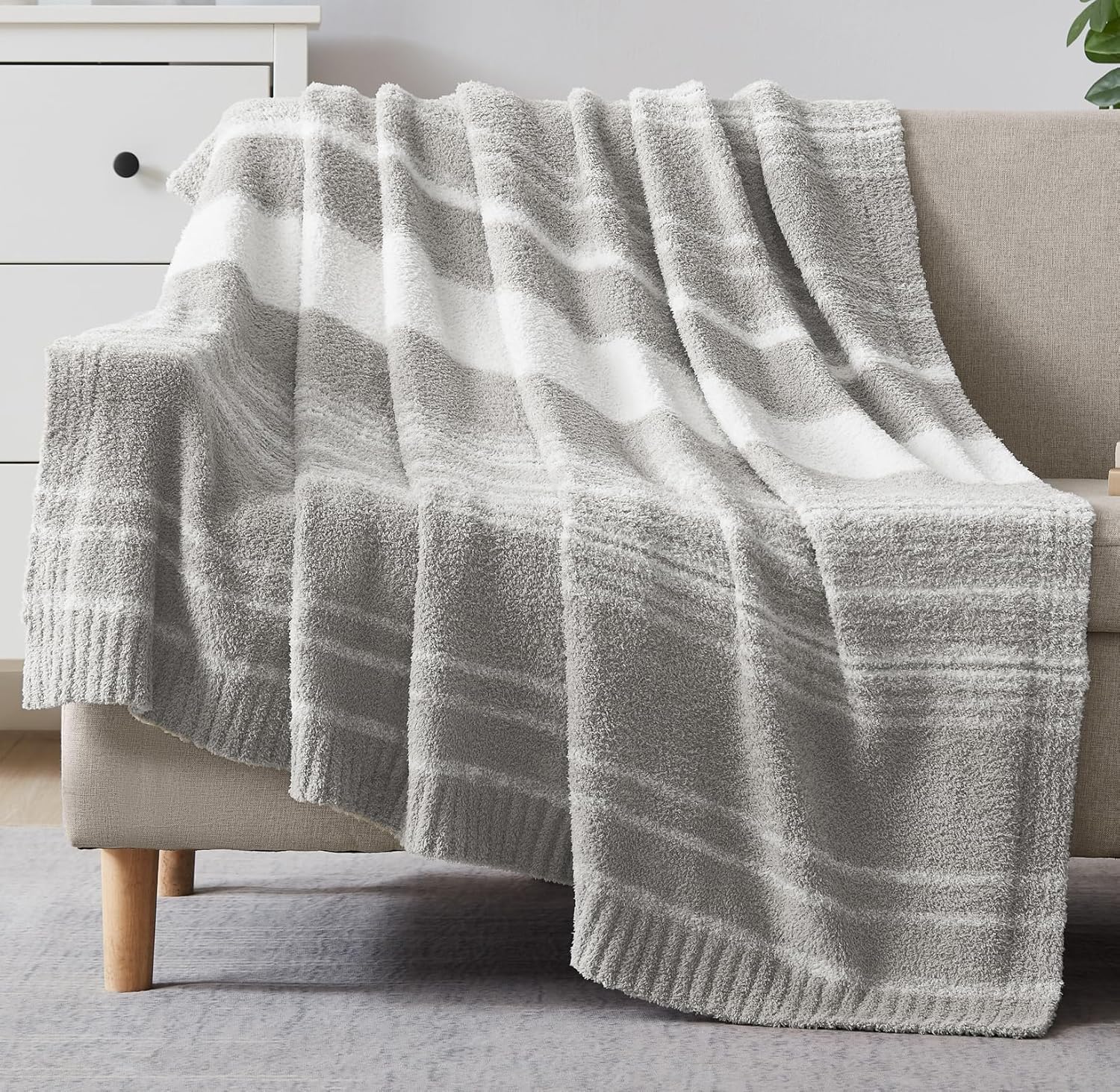 WRENGONGE Light Grey Throw Blanket, 50x70 Soft Cozy Striped Throw Blankets for Couch, Sofa, Bed