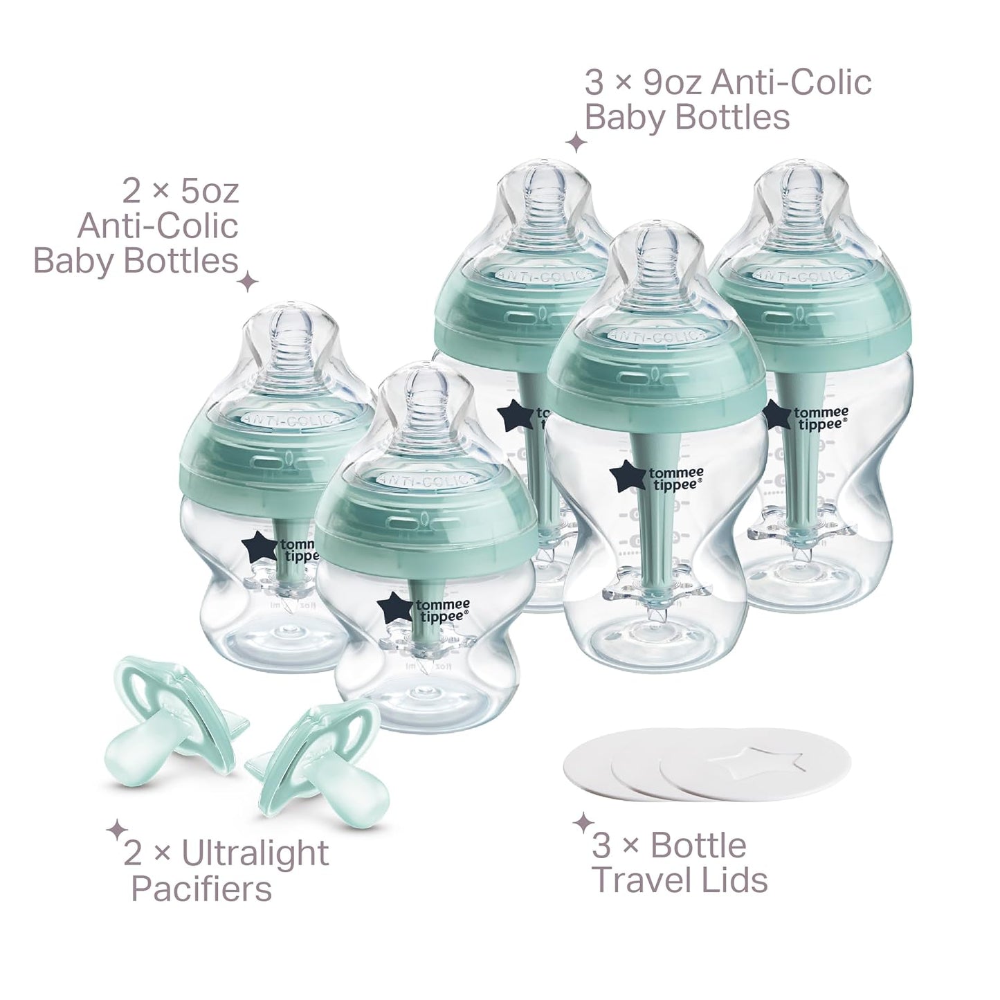 Tommee Tippee Advanced Anti-Colic 10 Piece Bottle and Pacifier Set, 5 and 9 oz BPA Free Bottles
