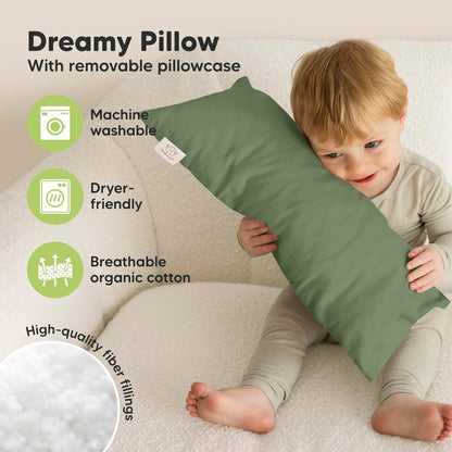 Toddler Pillow with Pillowcase - 10x18 My Little Dreamy Kids Travel Bed Pillows for Sleeping, Organic Cotton Small Pillowcase, Soft & Breathable, Machine Washable,Toddlers 2-5 years old (Jungle Green)