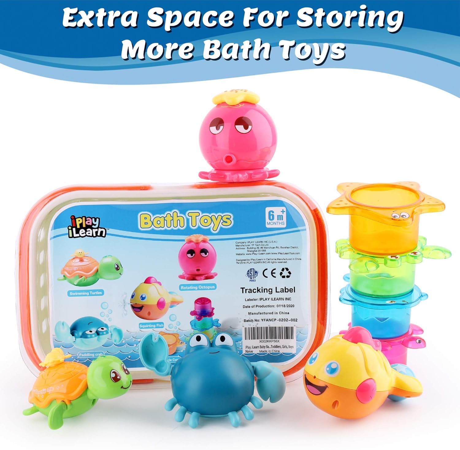 iPlay, iLearn Baby Bath Toys w/ Organizer, Water Squirting Octopus, Wind Up Swimming Turtle