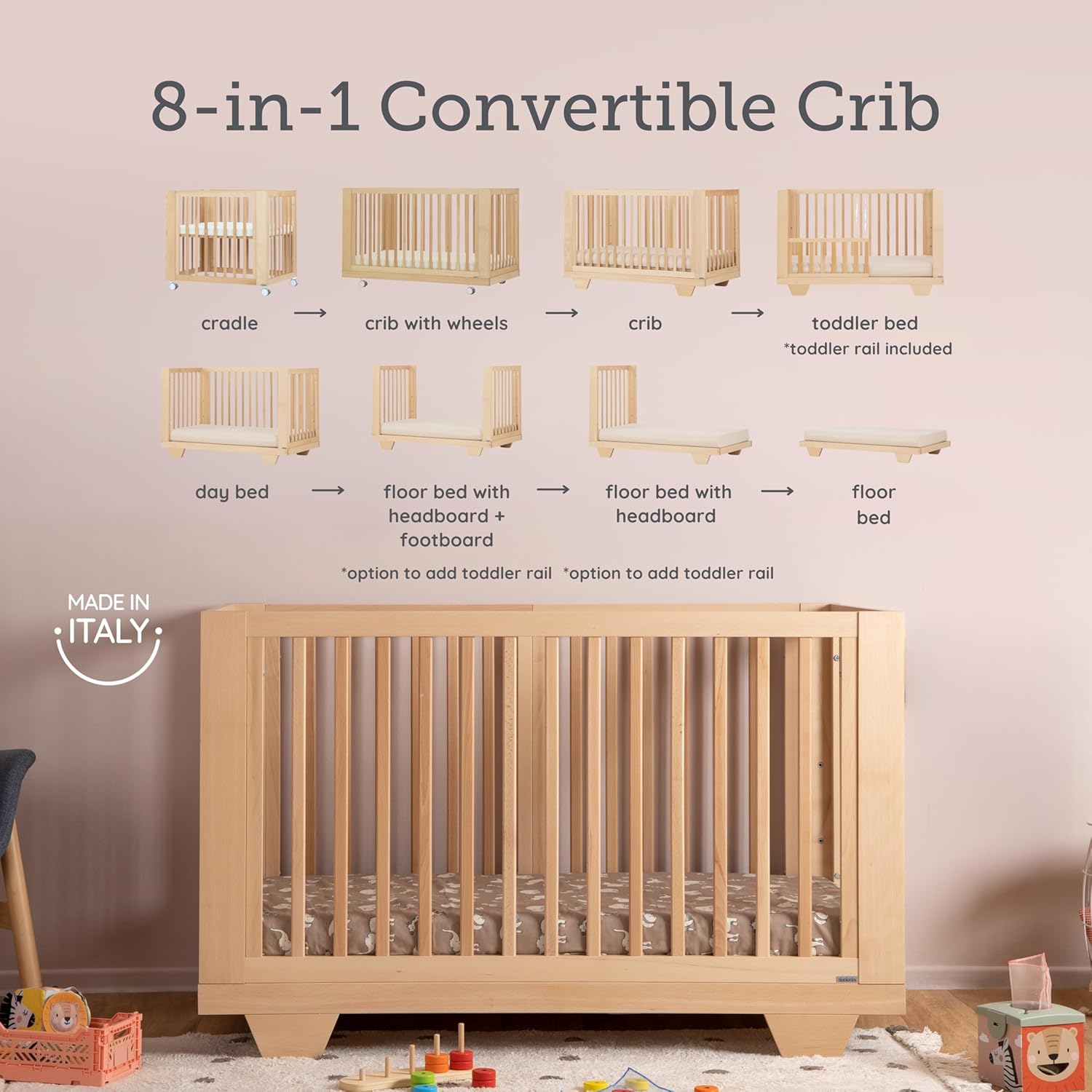 dadada Spirit 8 in 1 Convertible Crib to Toddler Bed & Floor Bed, Made in Italy, Greenguard Gold
