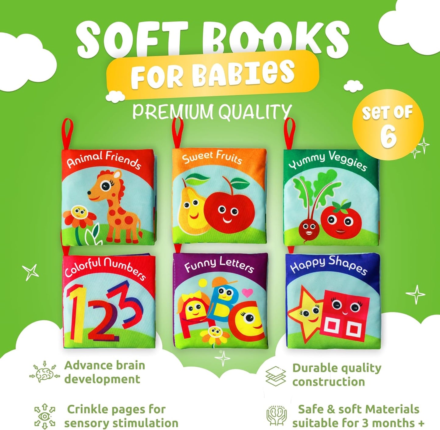 Cloth Books for Babies (Set of 6) - Premium Quality Soft Books for Babies. Touch and Feel Crinkle Paper. Cloth Books for Early Children's Development.