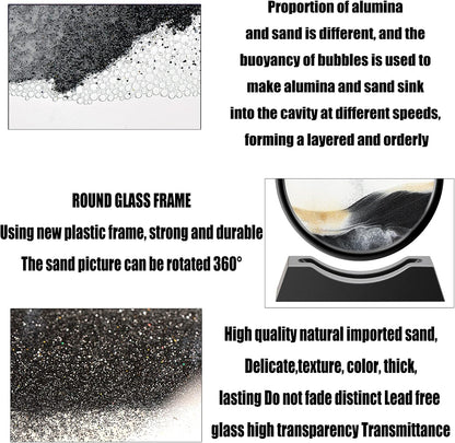 Liquid Motion Sandscape Round Moving Sand Art Sensory Toy Anxiety Fidget ADHD Relaxation Toy Home Office Desktop Decoration (Black, 7-in)