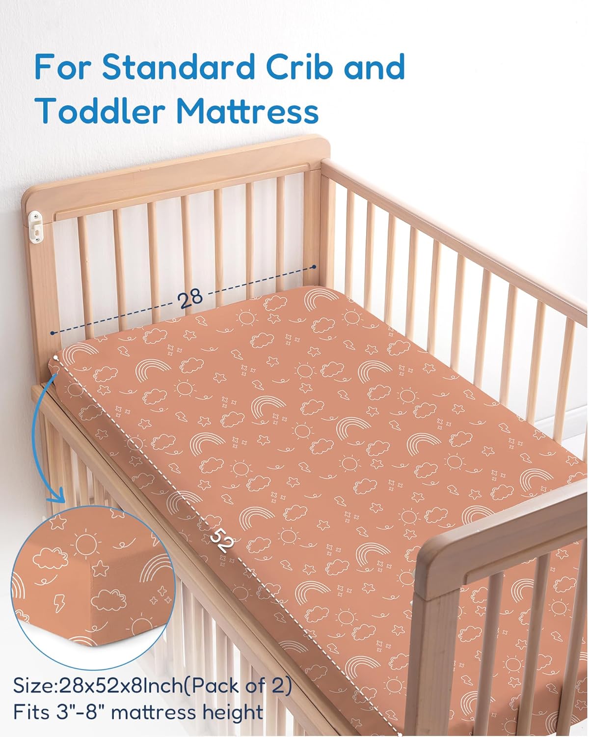 Baby Crib Sheets Boy Girl for Standard Crib Mattress - Orange Cloud and Rainbow Design Crib Sheet