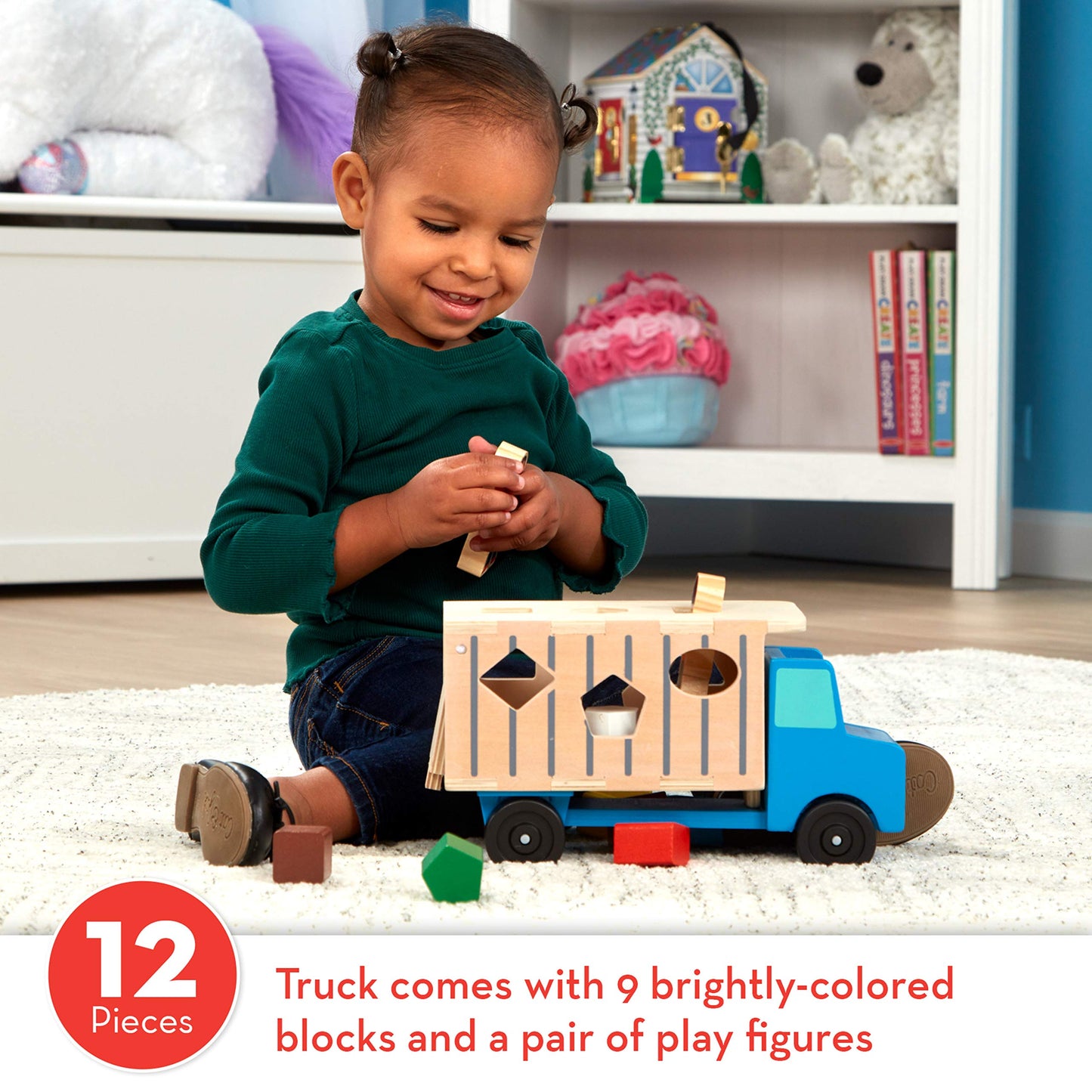 Melissa & Doug Shape-Sorting Dump Truck Wooden Toy with 9 Blocks and 2 Toy Figures - Montessori